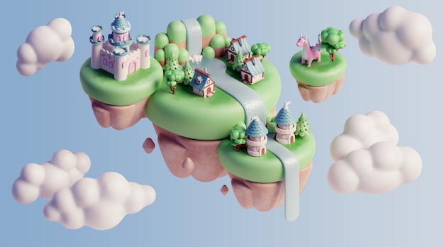 Paesaggio galleggiante 3d con elementi naturali e nuvole