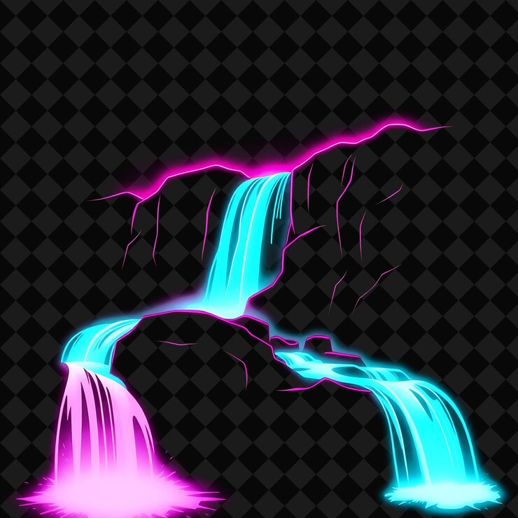 PSD paesaggio illuminato di cascate al neon in una piazza a silhouette con cascate che scorrono di perc luminoso