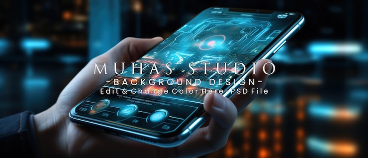 PSD paesaggio urbano futuristico visualizzato sullo smartphone