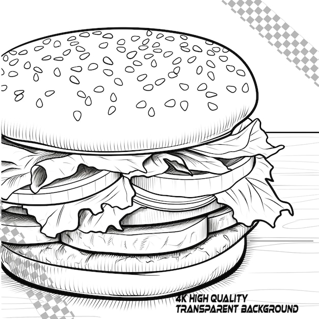 PSD page de coloriage de hamburger pour enfants ligne blanche noire simple sur un fond transparent