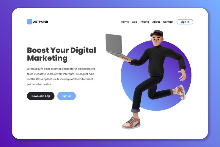 PSD page de destination du marketing des médias sociaux ou conception de sites web avec illustration de dessin animé de personnage masculin 3d