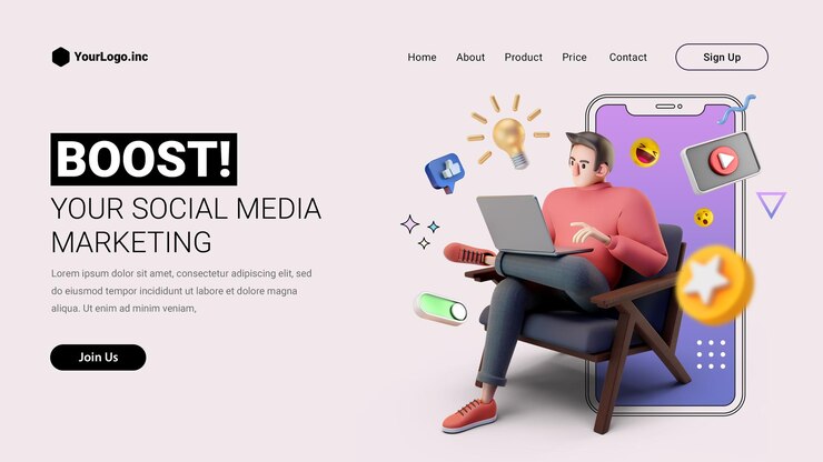 PSD page de destination du marketing des médias sociaux avec personnage de dessin animé 3d pour illustration de réseau numérique