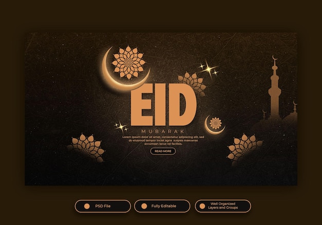 PSD une page web avec des salutations eid et une lune dessus.