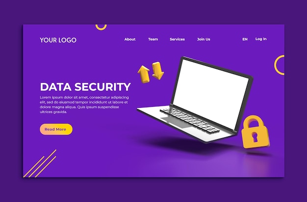 Page web violette de sécurité des données avec un ordinateur portable