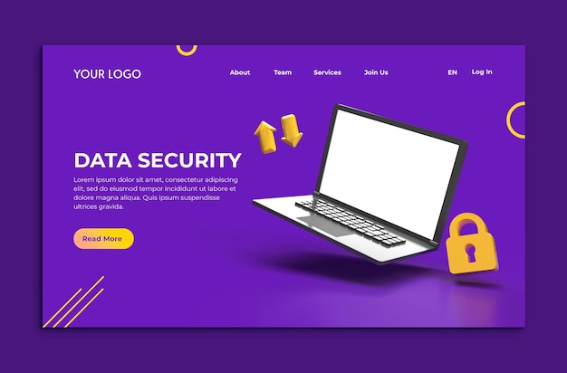 PSD page web violette de sécurité des données avec un ordinateur portable