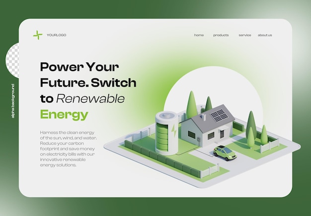 página de aterrizaje banner casa de energía renovable verde con paneles solares batería ilustración 3d