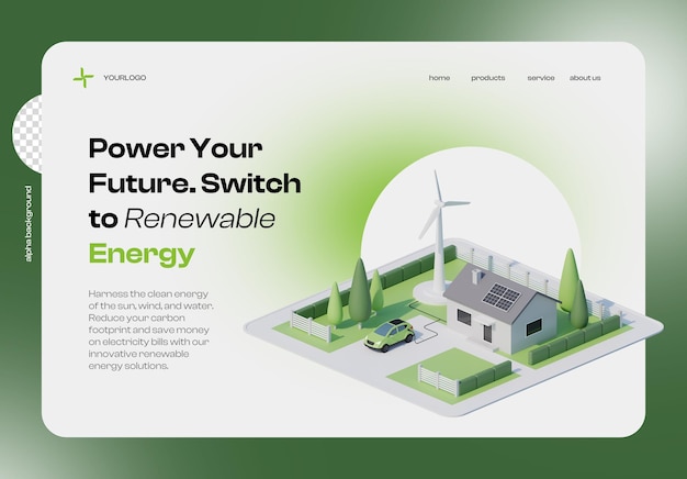 página de aterrizaje banner energía renovable paneles solares casa de turbina eólica ilustración 3d