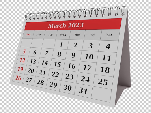 Página del calendario mensual del escritorio de negocios anual Fecha mes Marzo 2023 Aislado sobre fondo transparente