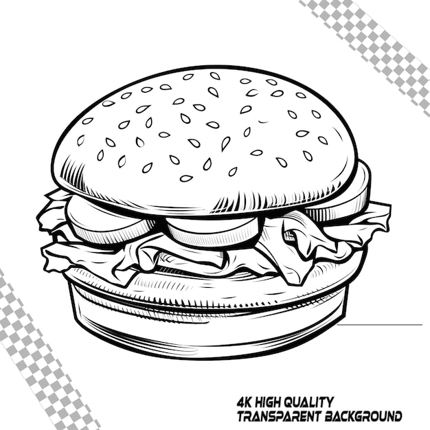 Página para colorear hamburguesas para niños simple línea blanca y negra en un fondo transparente