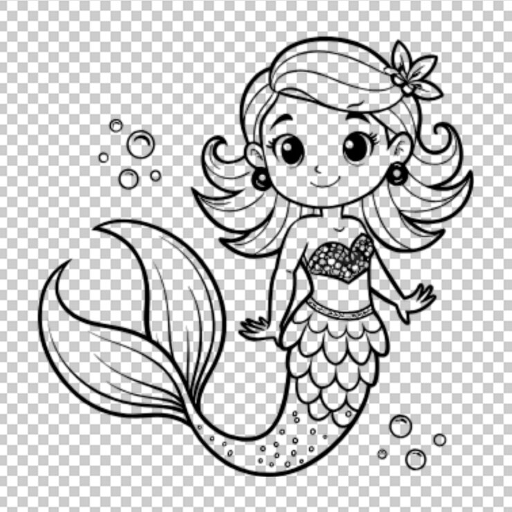 PSD página de colorear para niños estilo de dibujos animados sirena