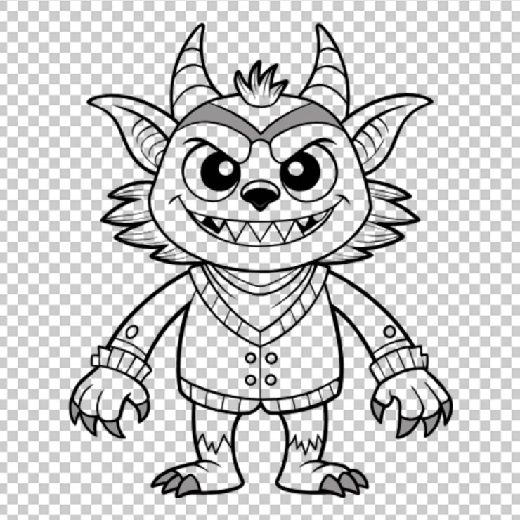 PSD página de colorear para niños monstruo estilo dibujos animados