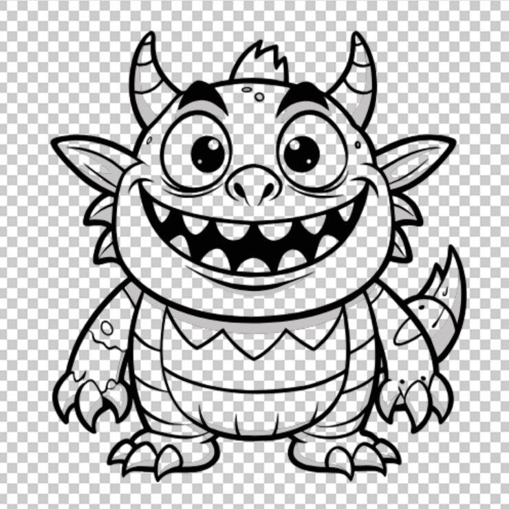 PSD página de colorear para niños monstruo estilo dibujos animados