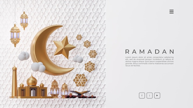 Página da web do ramadã com ilustração de renderização em 3d