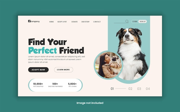 Página de chegada de adoção de animais de estimação ou site de adopção de animais página inicial seção de herói template de design ui ux