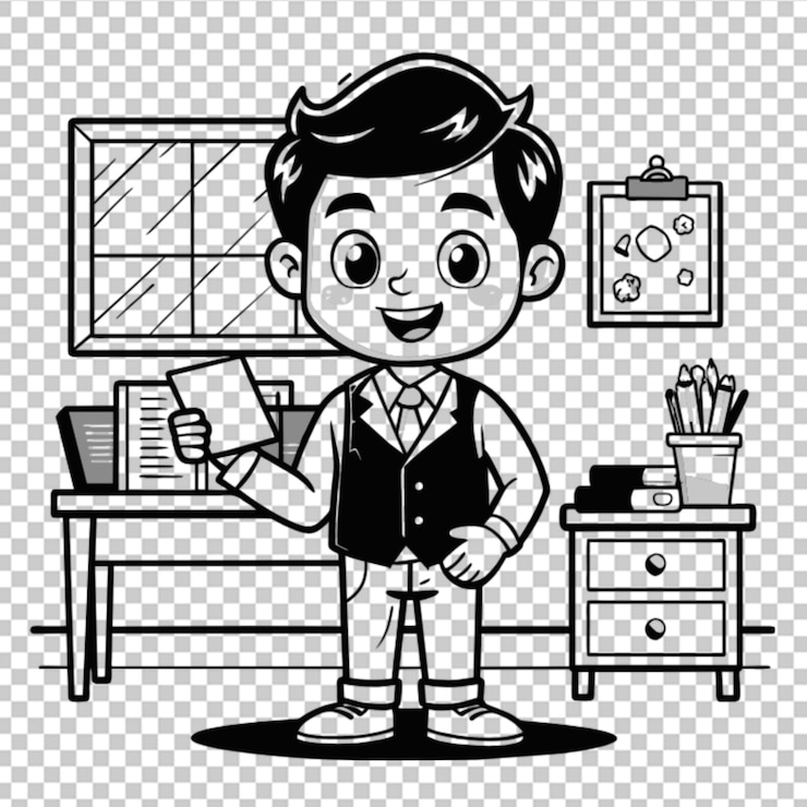 PSD página de coloração para crianças estilo de desenho animado professor