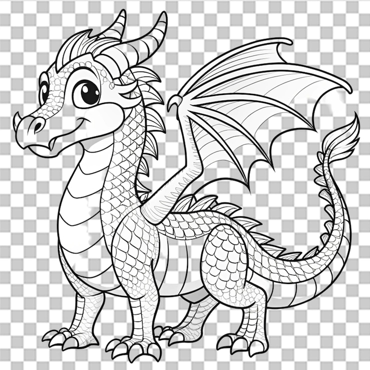 PSD página de colorir dragão isolado em fundo transparente