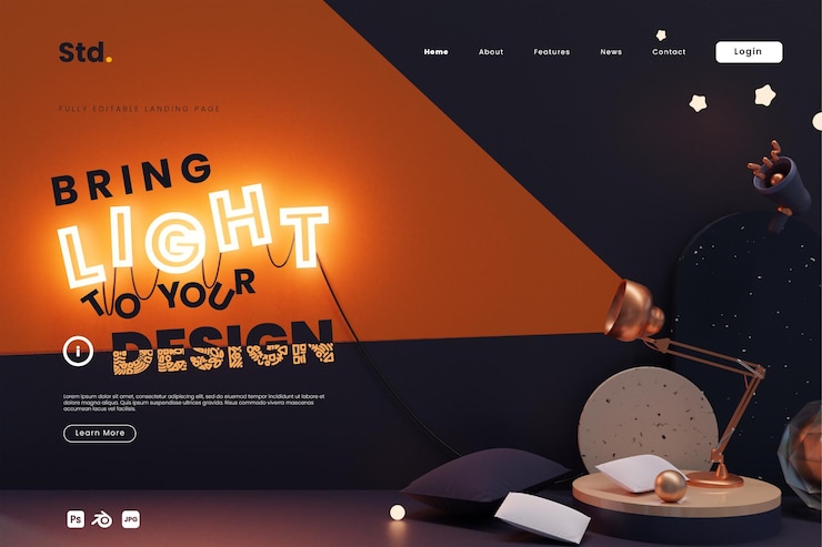 PSD página de destino da agência de design gráfico de cores quentes