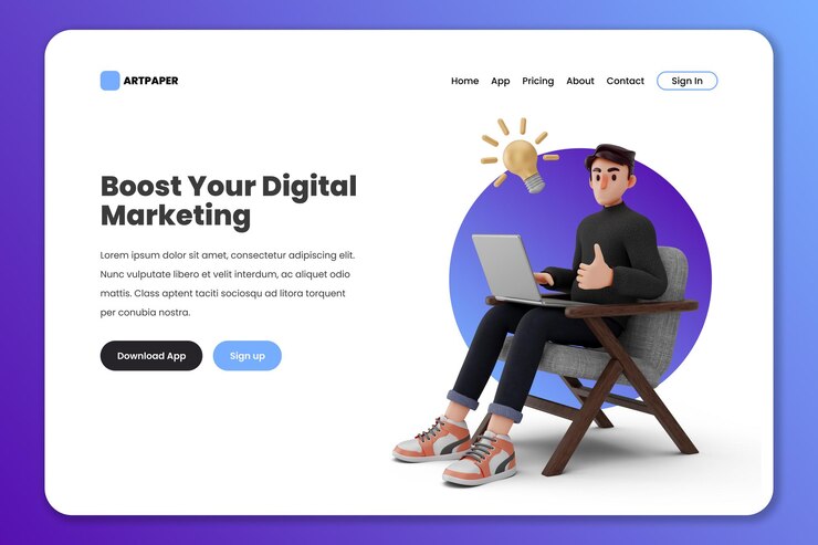 PSD página de destino de marketing de mídia social ou web design com ilustração de desenho animado de personagem masculino 3d
