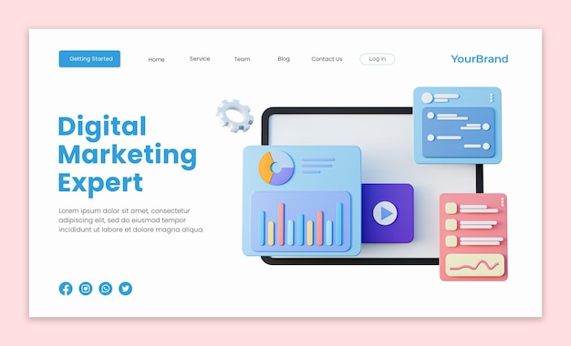 Página de destino de marketing digital, análise de marketing e conceito de responsabilidades
