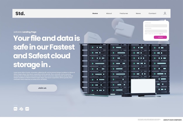 PSD página de destino do servidor de nuvem futurista