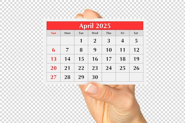 Pagina del calendario mensile annuale aprile 2025 in mano Isolato su psd trasparente