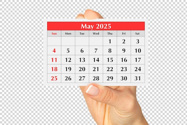 Pagina del calendario mensile annuale maggio 2025 in mano Isolato su psd trasparente