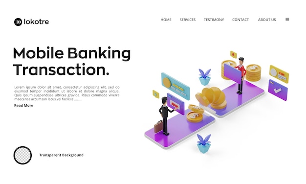 PSD página de destino con ilustración de banca móvil isométrica 3d. hombre enviando dinero usando la banca móvil