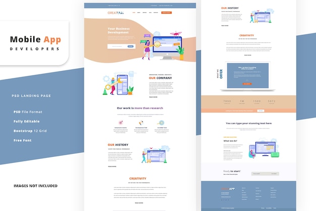 PSD página de destino para la plantilla de desarrollador de aplicaciones móviles