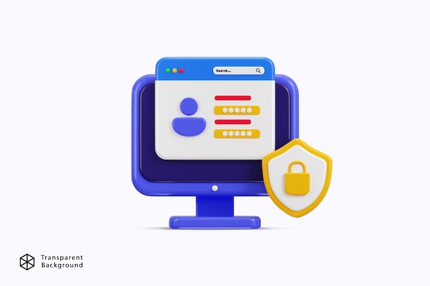 Pagina di accesso sicura con modulo di password sul computer e lucchetto con icona di scudo di protezione 3D