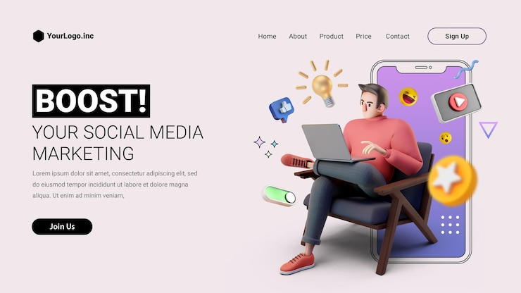 PSD pagina di destinazione del social media marketing con personaggio dei cartoni animati 3d per l'illustrazione della rete digitale