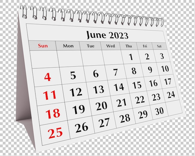Página do calendário mensal da mesa de negócios anual Data mês junho 2023 transparente