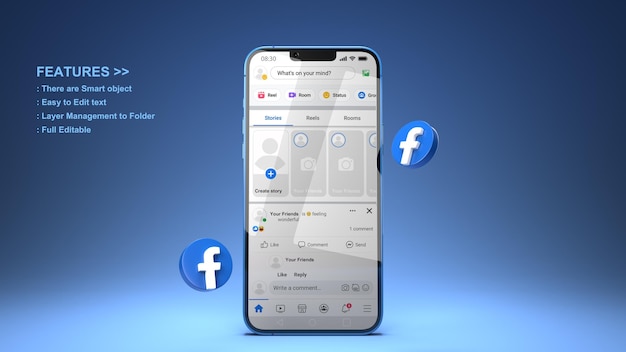 PSD página do facebook em maquete de renderização 3d para celular e ícones 3d do facebook