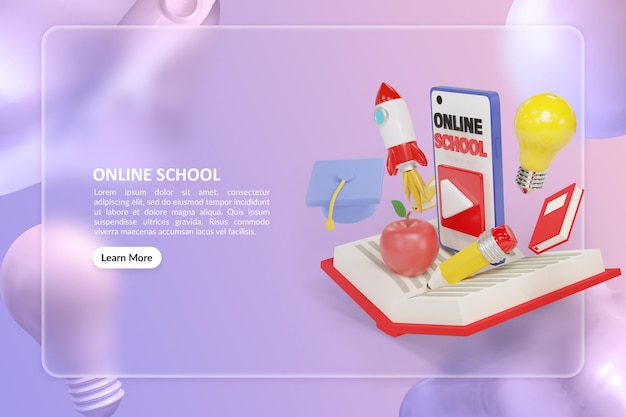 Página inicial da escola on-line com livro renderizado em 3d e ilustração de smartphone