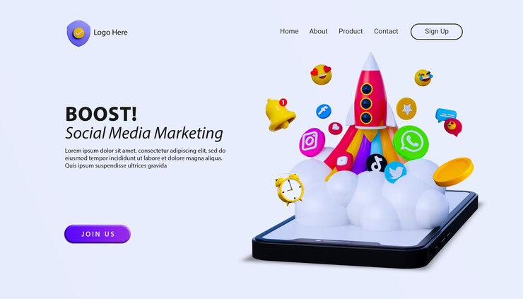 Página inicial de marketing de mídia social com foguete de ilustração de desenho animado 3D