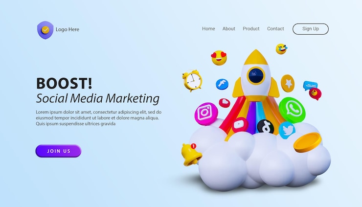 Página inicial de marketing de mídia social com foguete de ilustração de desenho animado 3D