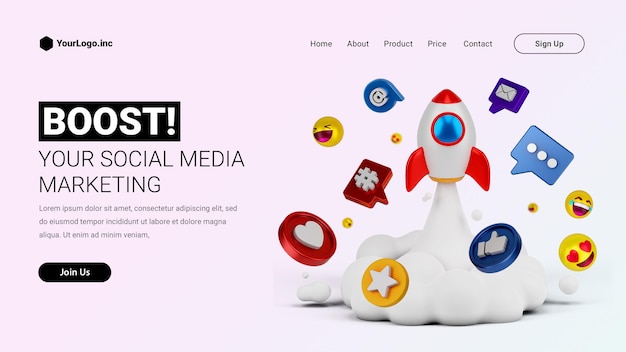 Página inicial de marketing de mídia social com foguete de ilustração de desenho animado 3d