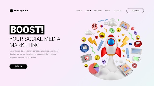 PSD página inicial de marketing de mídia social com foguete de ilustração de desenho animado 3d