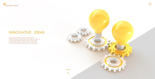 Página de inicio isométrica de desarrollo de ideas innovadoras Representación 3D Busque una solución creativa con bombillas incandescentes en el mecanismo de ruedas dentadas lluvia de ideas o lanzamiento de inicio banner web ilustración 3D