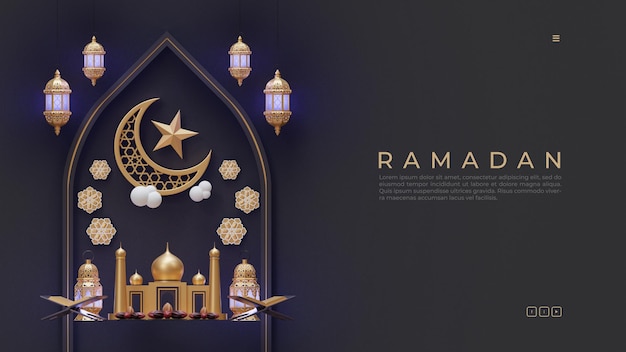 Página de inicio de Ramadán con composición de ilustración de renderizado 3D