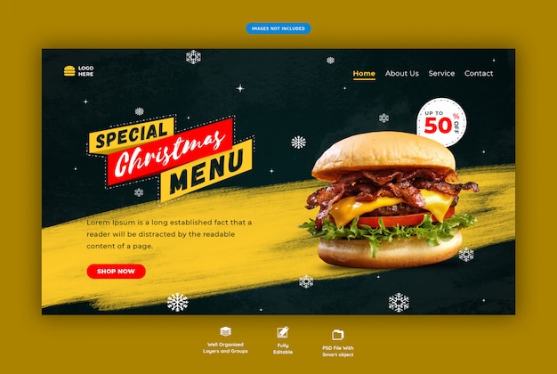 PSD página de inicio para restaurante con menú de comida especial navideña
