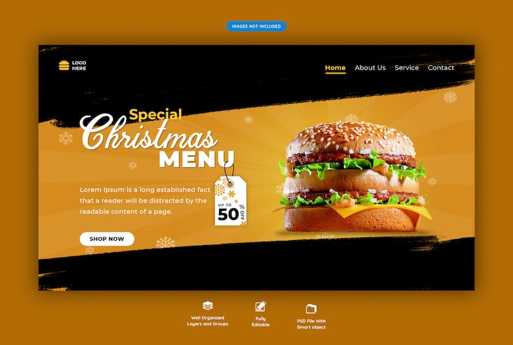 PSD página de inicio para restaurante con menú navideño de comida rápida