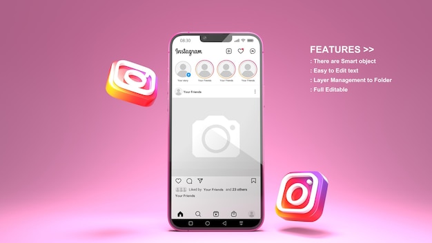 Página de instagram en maqueta de renderizado 3d de teléfono móvil e iconos de instagram 3d