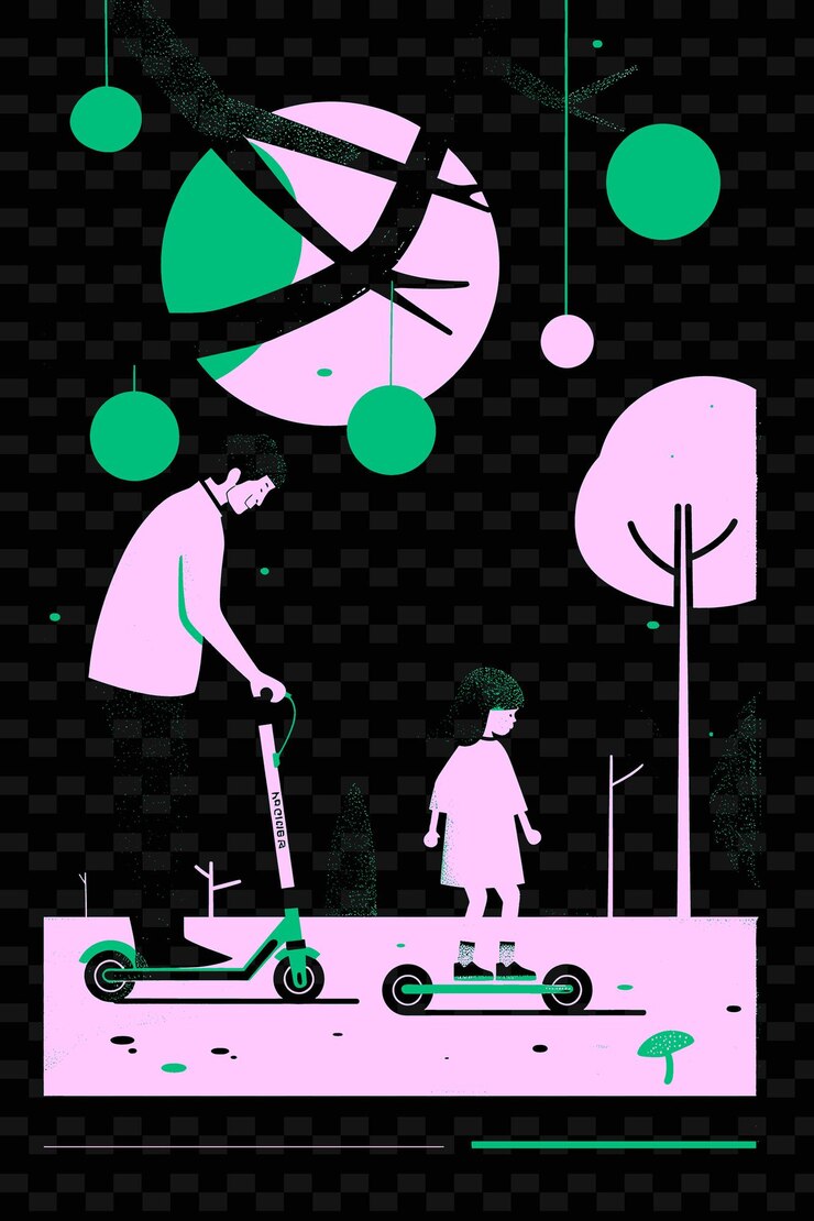 PSD pai e filha brincando com scooters em um parque com uma z png ilustração desenhos de obras de arte