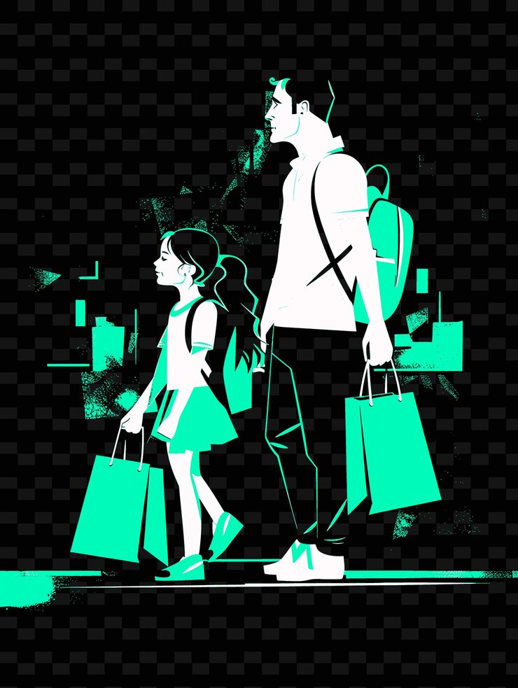 PSD pai e filha fazendo compras juntos em um shopping moderno png ilustração desenhos de obras de arte