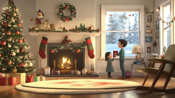PSD pai e filha trocando presentes junto à lareira na manhã de natal