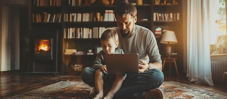 PSD pai e filho compartilhando um momento com a tecnologia