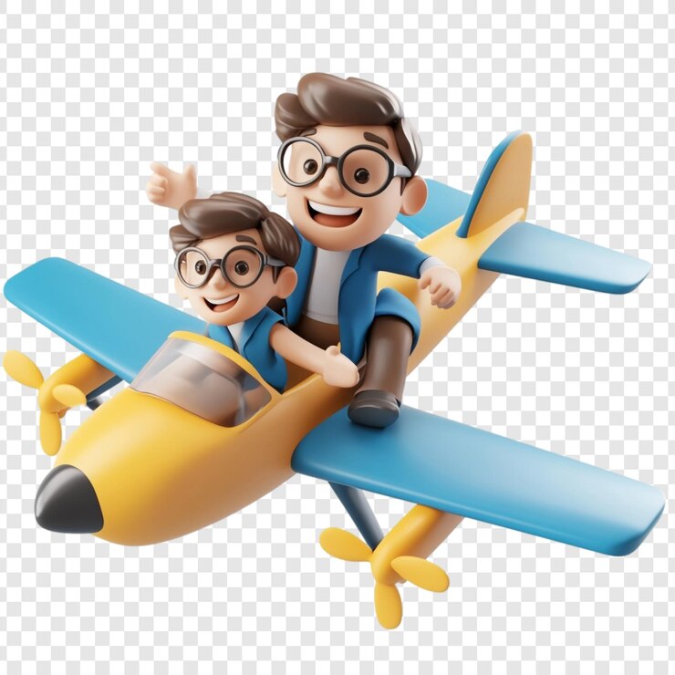 PSD pai e filhos joyful flight uma renderização 3d de uma família de desenhos animados embarcando em uma aventura de avião