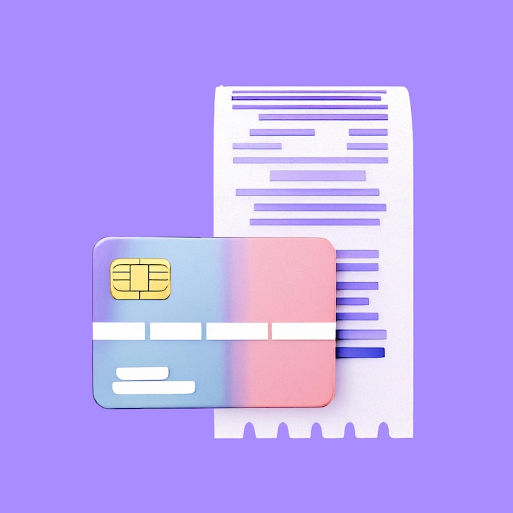 PSD paiement par carte de crédit ou de débit avec reçu, facture, document bancaire 3d