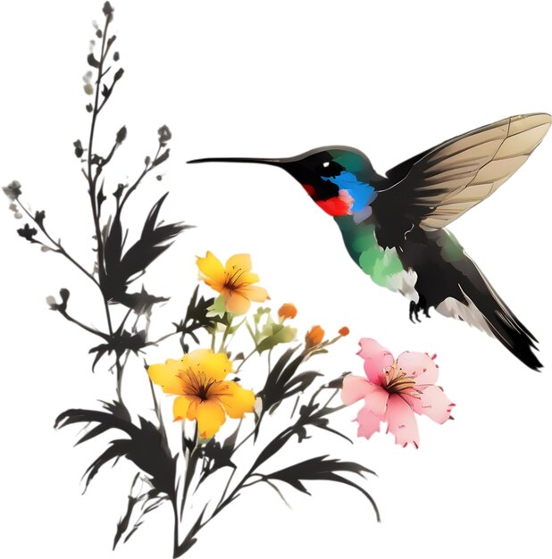 PSD painting of a bee hummingbird using the japanese brushstroke technique