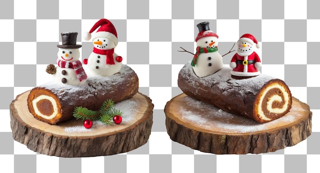 PSD une paire de gâteaux en bois de noël au chocolat décorés avec le père noël et le bonhomme de neige sur un fond transparent
